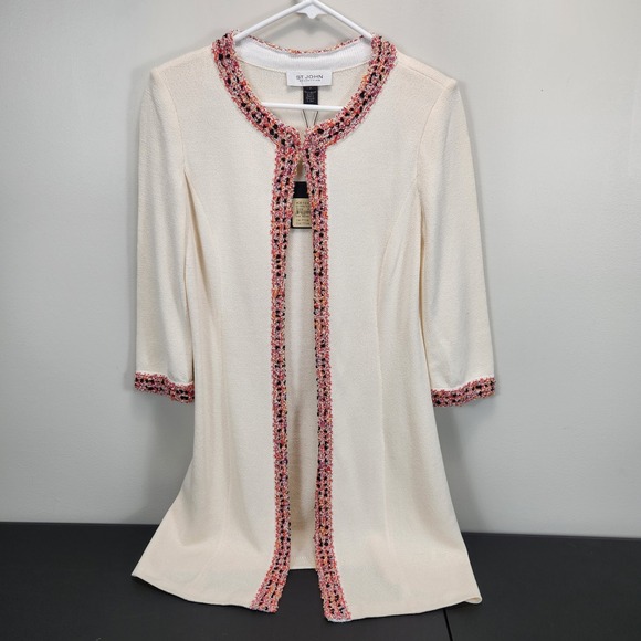 St. John Sweaters - St John Collection White Knit Long Cardigan Jacket Tweed‎ Trim K61HQA3 Womens 4